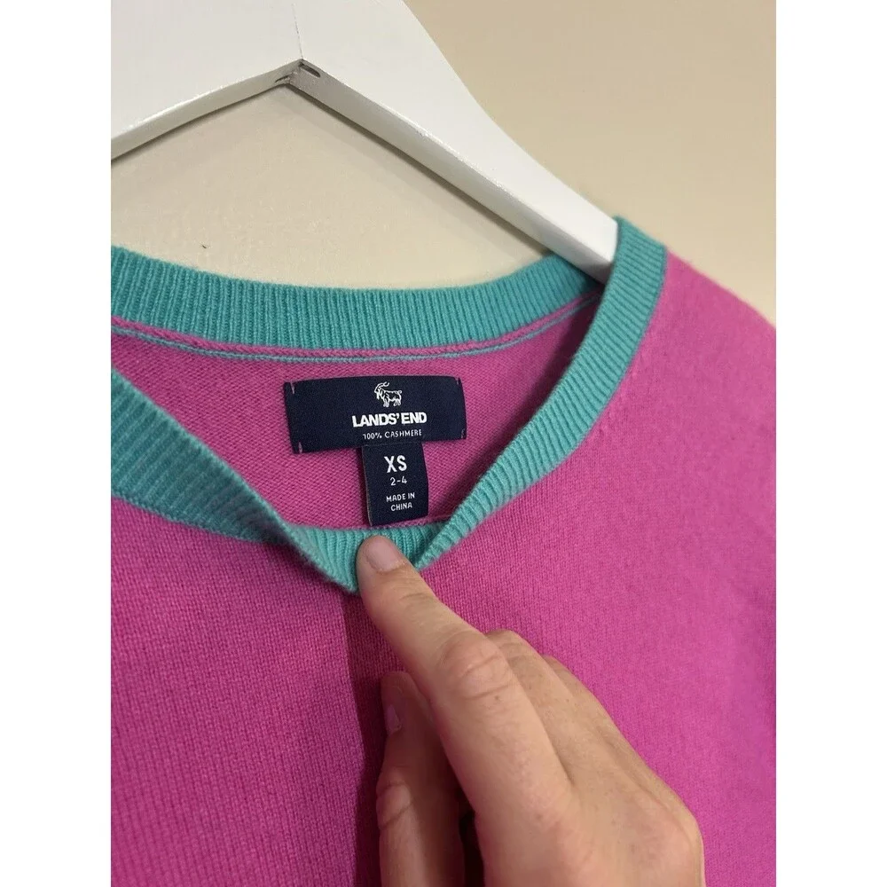 Lands' End Cashmere Sweater Sz XS Colorblock Fuchsia Teal Navy Preppy Luxury